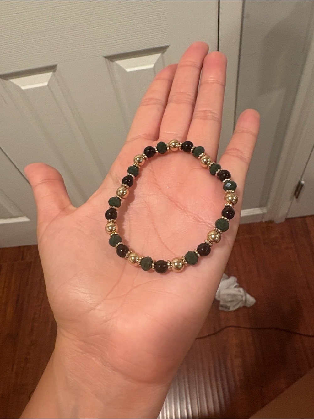Gold and Dark Green Beaded Stretch Bracelet - Women Jewelry